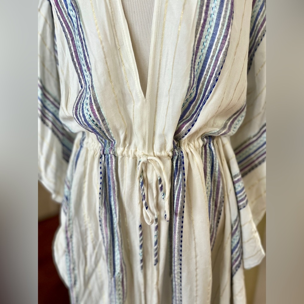 LoveStitch NWT Coverup Dress Poncho Tunic Drawstring Waist Tassles Stripe Print - Picture 5 of 8